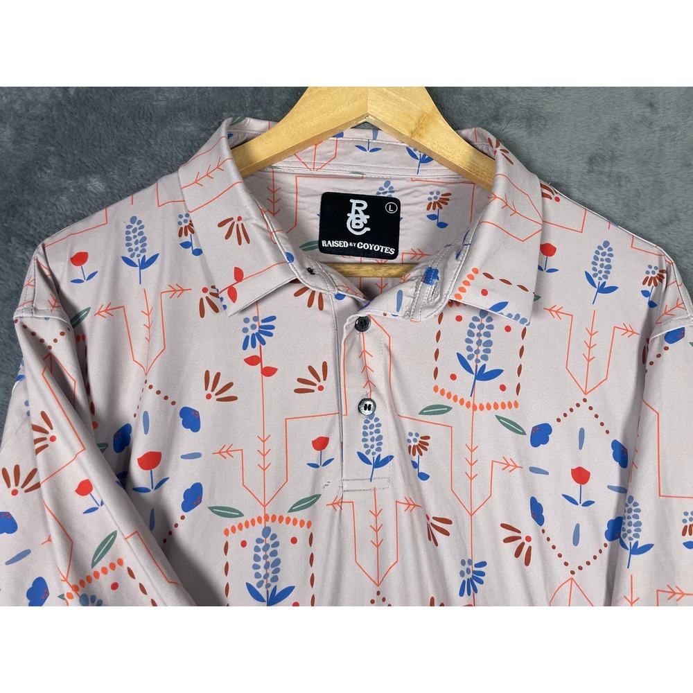 Raised by Coyotes Mens Large Performance Golf Polo Shirt Tan Floral Geometric